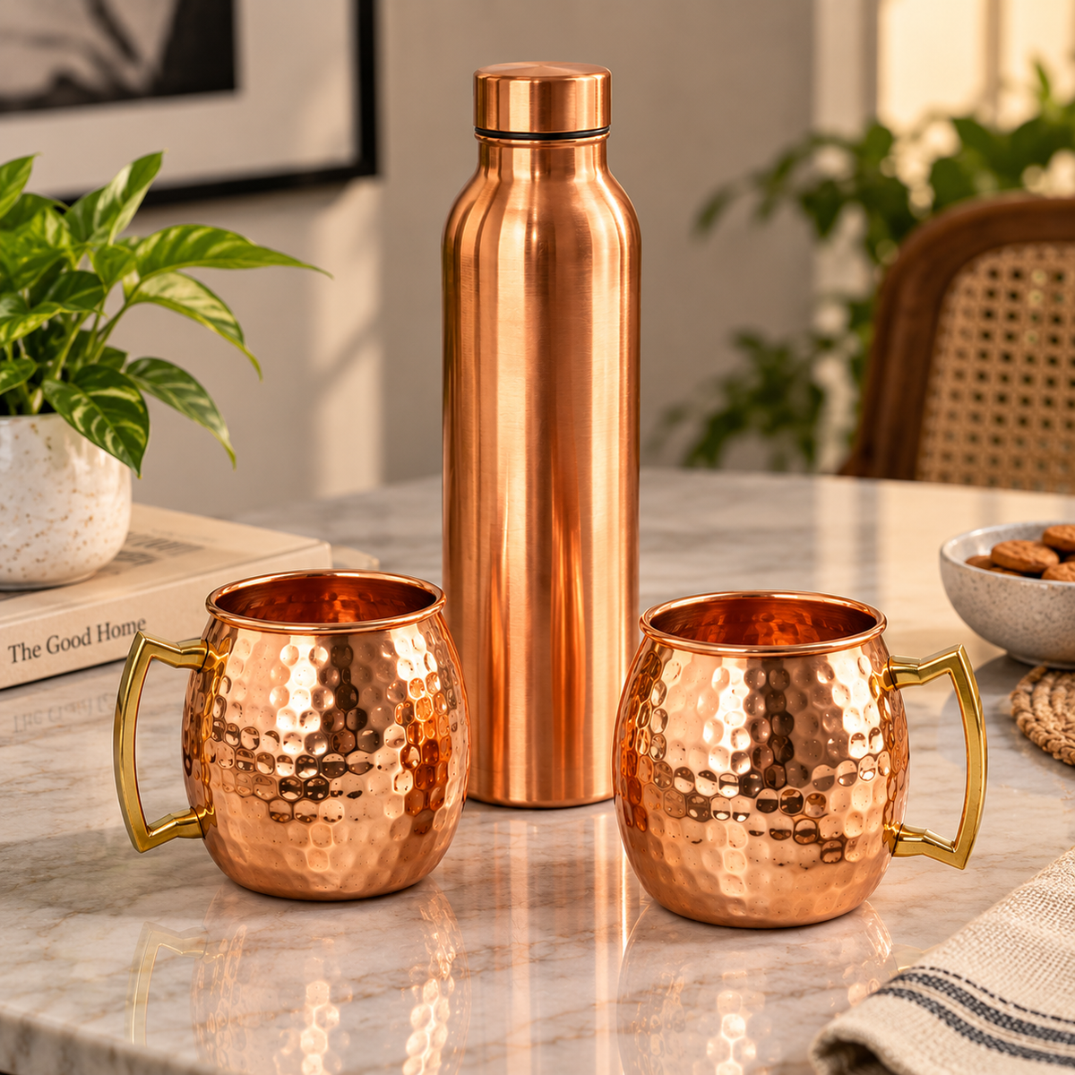 Pure Copper Hammered Bottle & 2 Mugs Gift Set