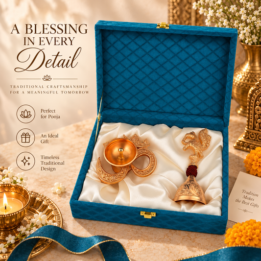 Silver Diya & Peacock Bell Gift Set | Diwali Puja Gift