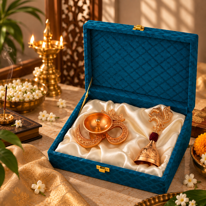 Silver Diya & Peacock Bell Gift Set | Diwali Puja Gift