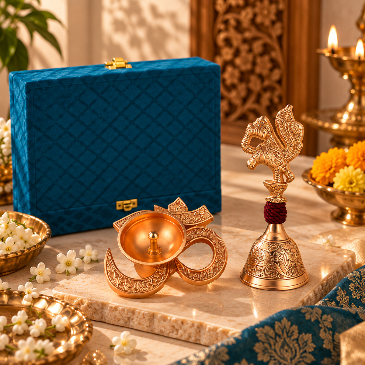 Silver Diya & Peacock Bell Gift Set | Diwali Puja Gift