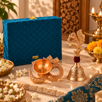 Silver Diya & Peacock Bell Gift Set | Diwali Puja Gift