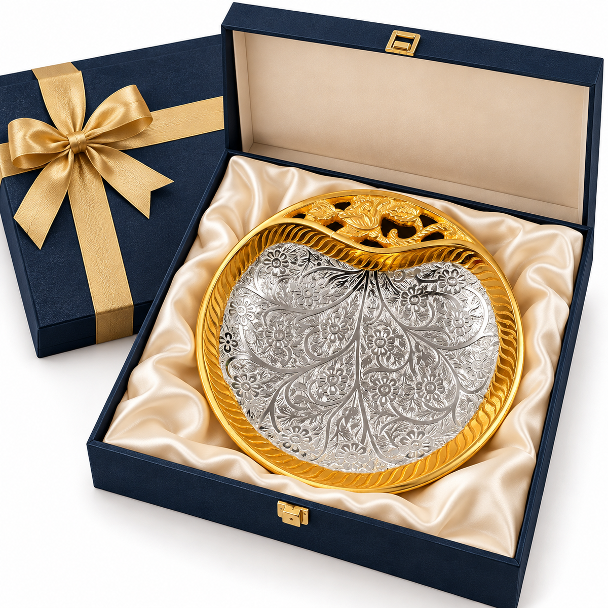 Gold & Silver Floral Engraved Serving Platter