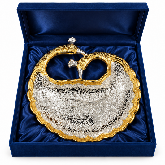 Silver Plated Gold Polished Peacock Engraved Platter