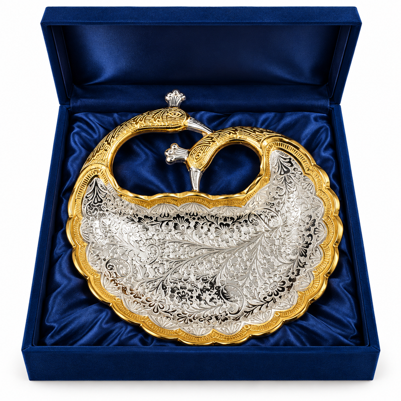 Silver Plated Gold Polished Peacock Engraved Platter