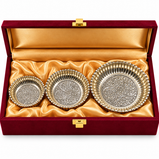 Royal Silver Floral Brass Urli Gift Set of 3