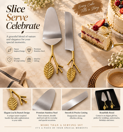 Elegant Gold Leaf Cake Server & Knife Set | 2-Piece