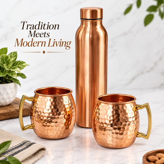 Pure Copper Hammered Bottle & 2 Mugs Gift Set