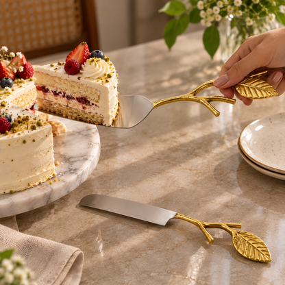 Elegant Gold Leaf Cake Server & Knife Set | 2-Piece