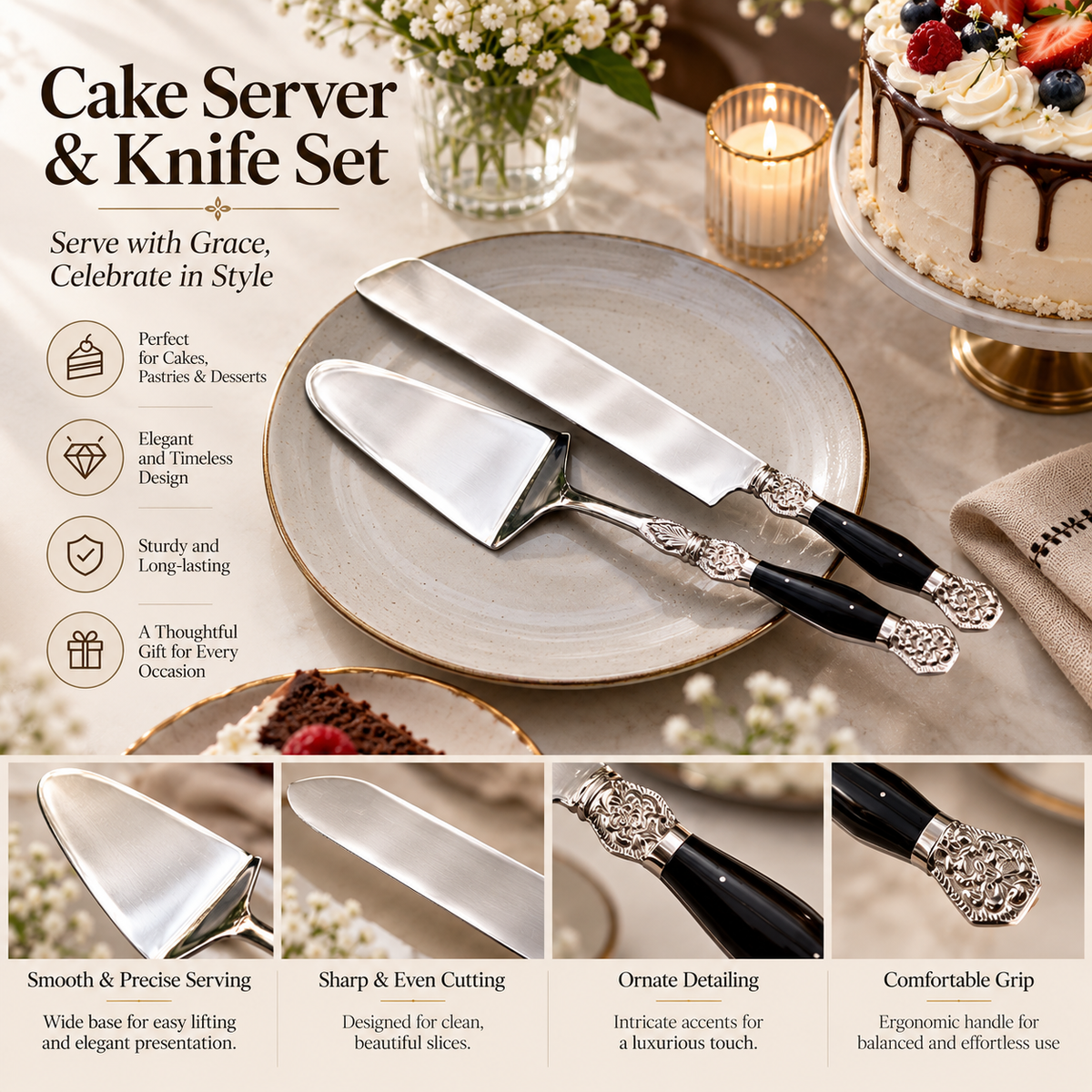 Elegant Cake Server & Knife Set with Black Handles