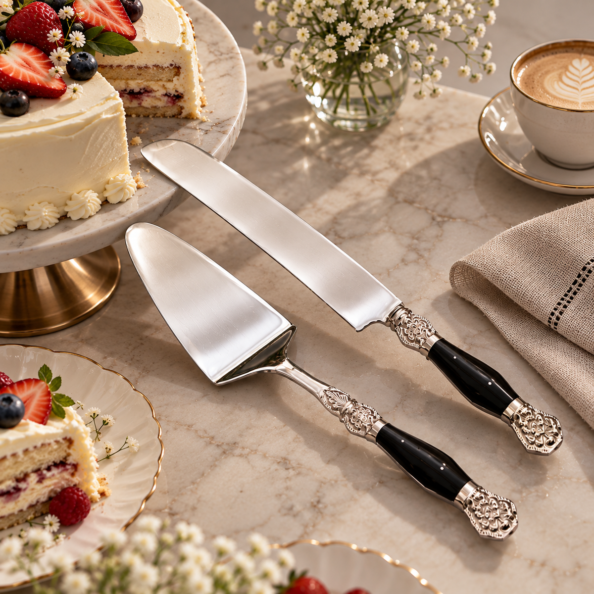 Elegant Cake Server & Knife Set with Black Handles