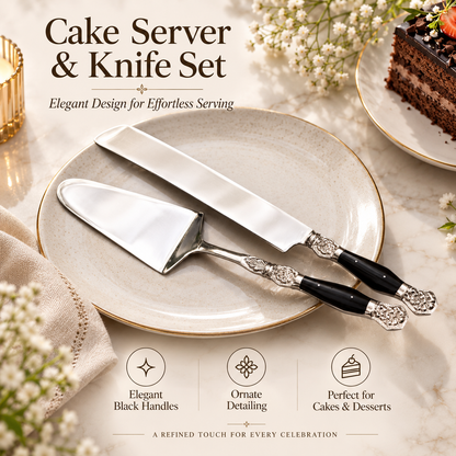 Elegant Cake Server & Knife Set with Black Handles