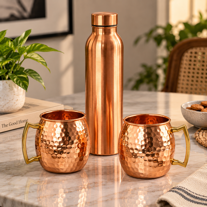 Pure Copper Hammered Bottle & 2 Mugs Gift Set