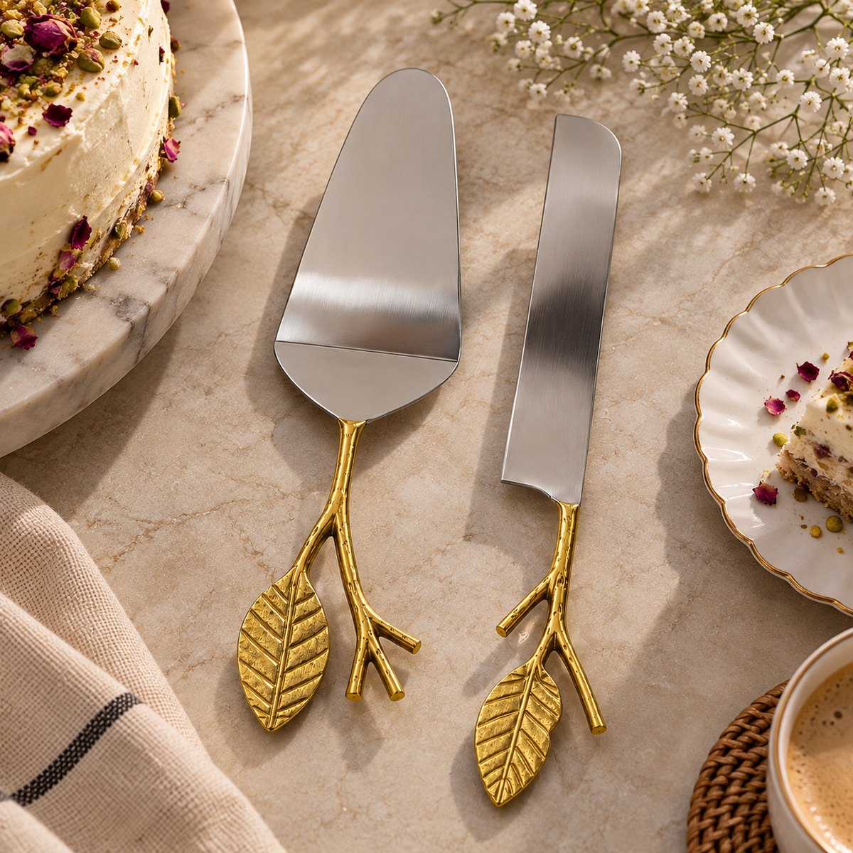 Elegant Gold Leaf Cake Server & Knife Set | 2-Piece
