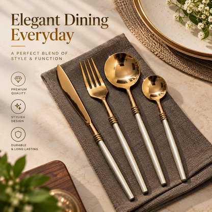 Elegant Gold & Silver Cutlery | 4-Piece Dining Set