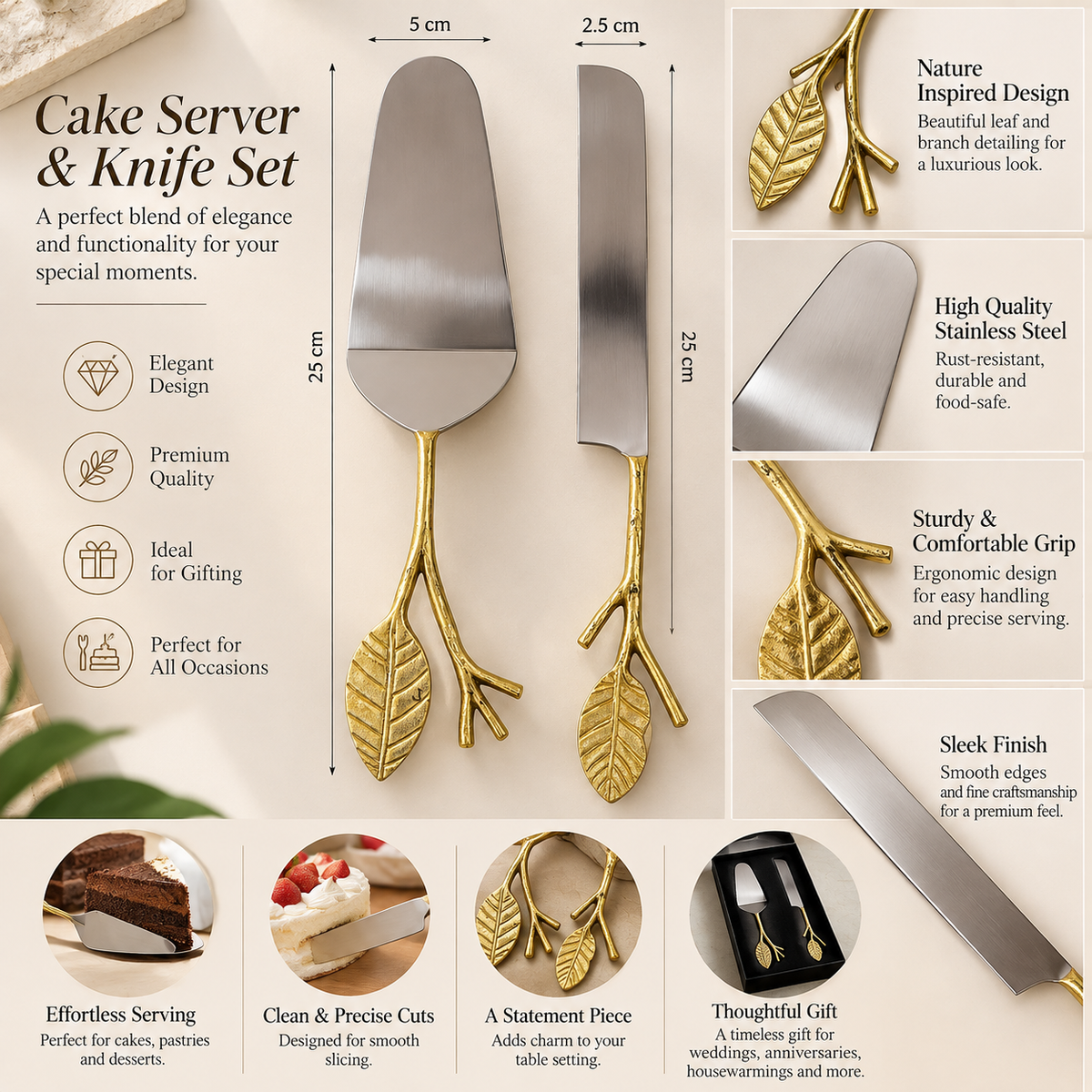 Elegant Gold Leaf Cake Server & Knife Set | 2-Piece