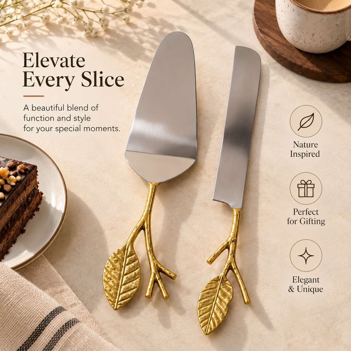 Elegant Gold Leaf Cake Server & Knife Set | 2-Piece
