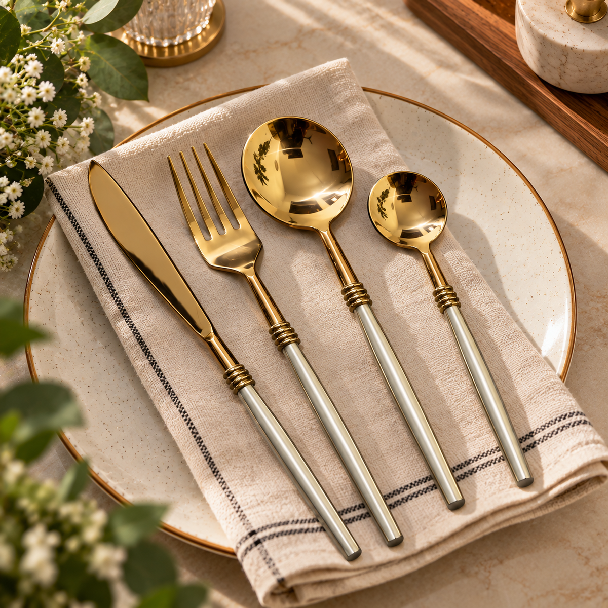 Elegant Gold & Silver Cutlery | 4-Piece Dining Set