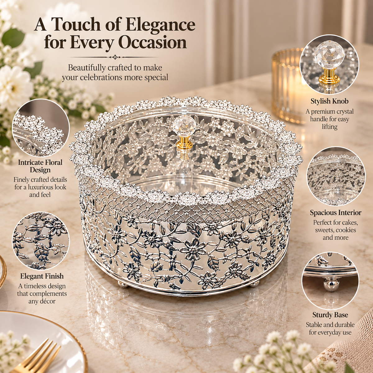 Elegant Silver Floral Dry Fruit Box with Crystal Knob