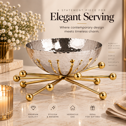 Hammered Silver Bowl with Golden Starburst Stand