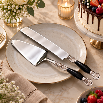 Elegant Cake Server & Knife Set with Black Handles