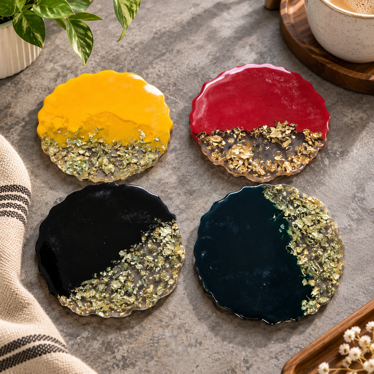 Handcrafted Gold Foil Resin Coasters – Elegant Set of 4