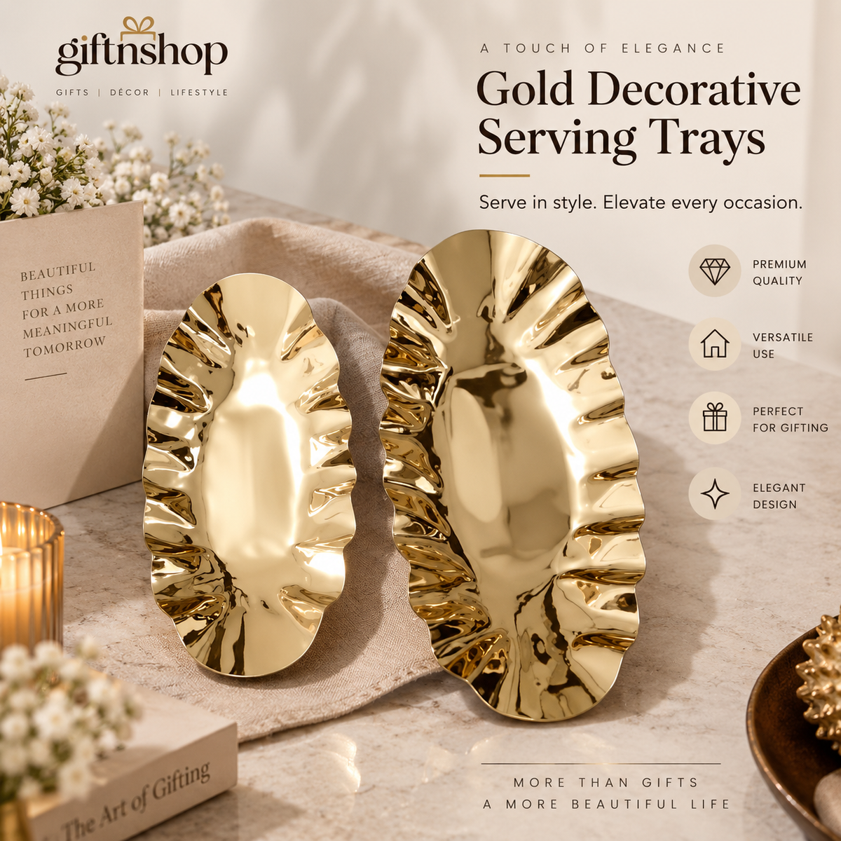 Elegant Gold Decorative Serving Trays – Set of 2