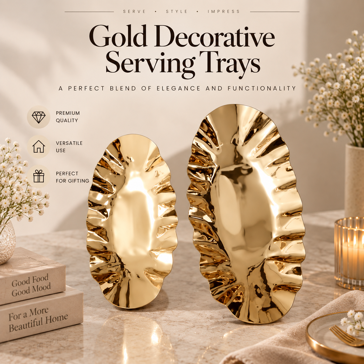 Elegant Gold Decorative Serving Trays – Set of 2