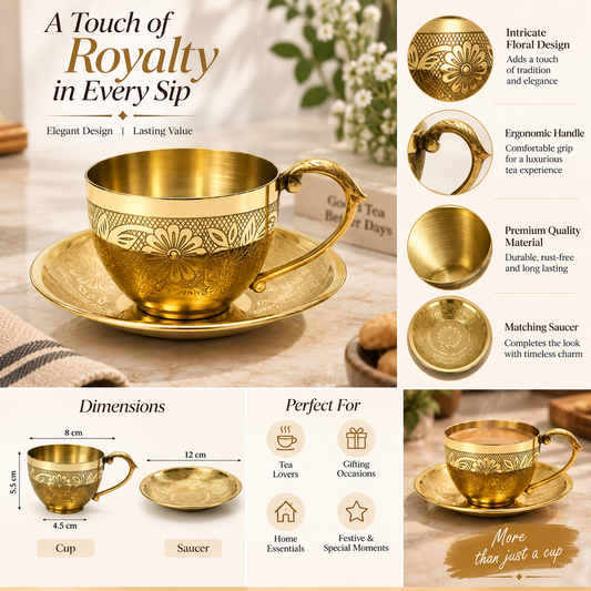 Elegant Gold Floral Engraved Tea Cup & Saucer Set