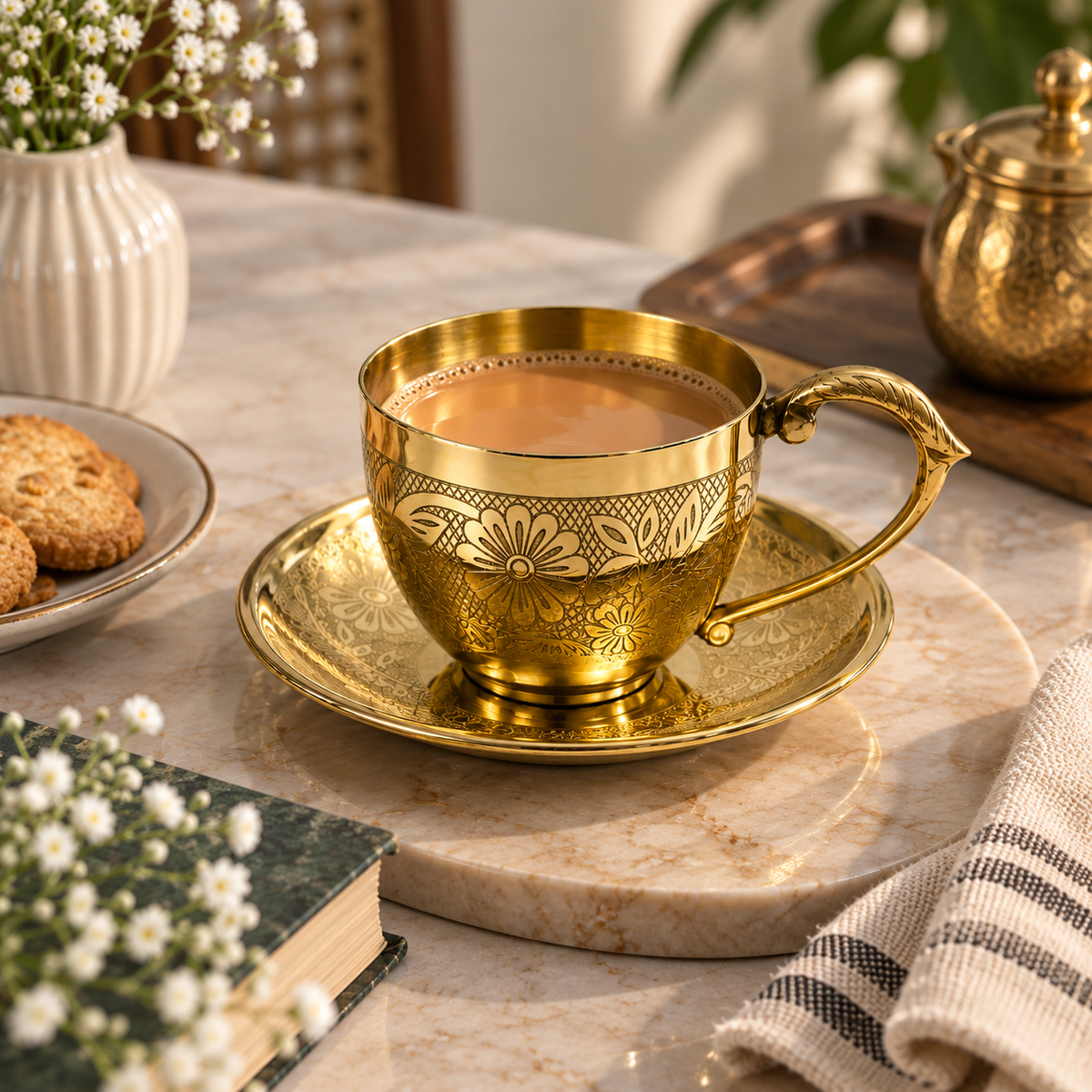 Elegant Gold Floral Engraved Tea Cup & Saucer Set