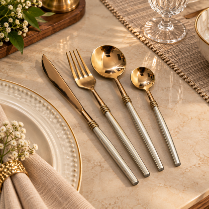 Elegant Gold & Silver Cutlery | 4-Piece Dining Set