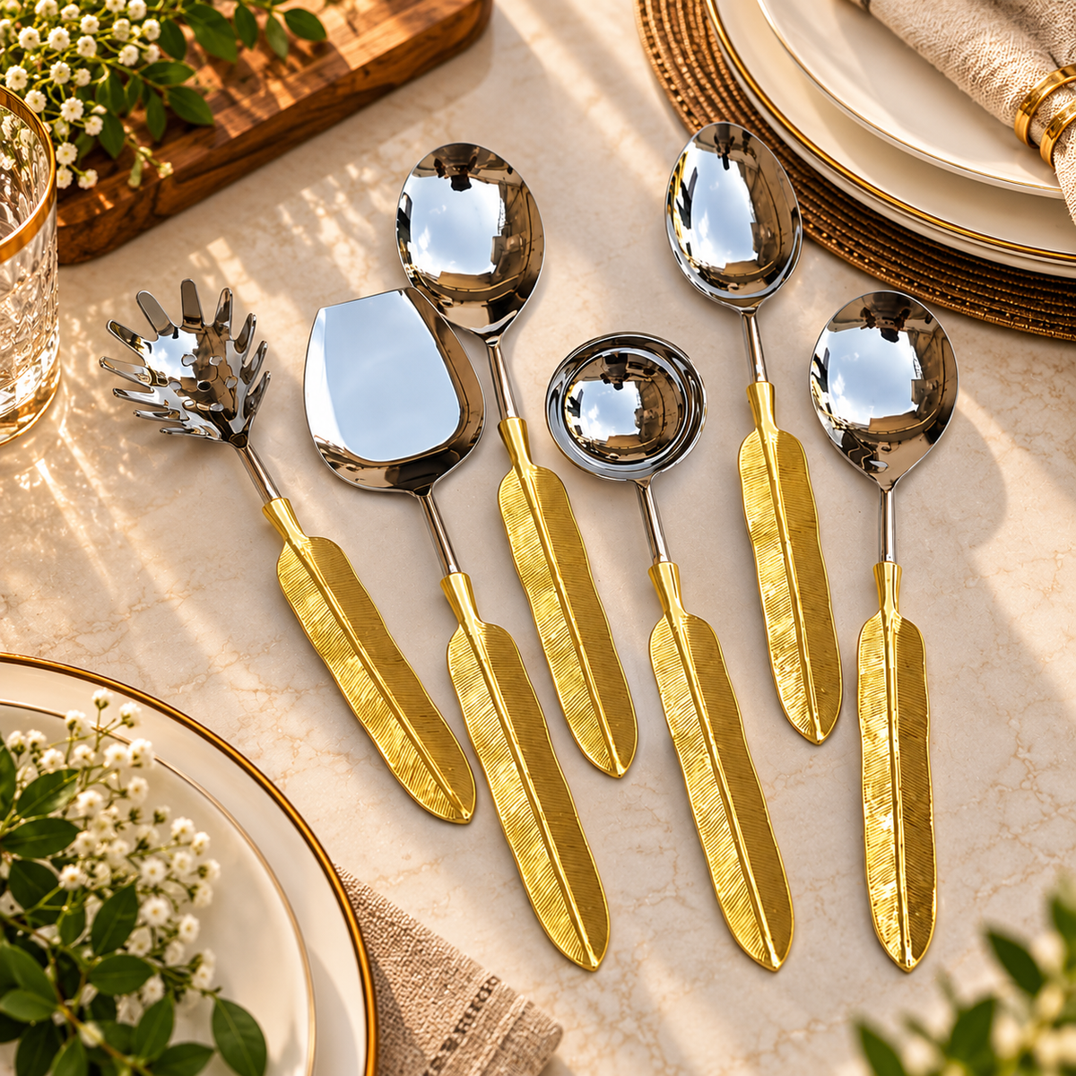 Golden Feather Handle Serving Utensil Set | 6-Piece