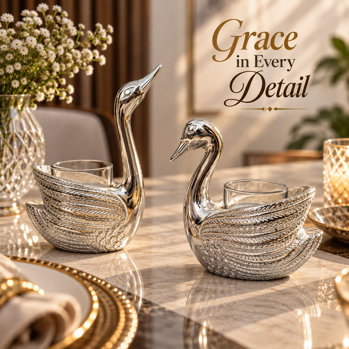 Silver Swan Tealight Candle Holders – Set of 2
