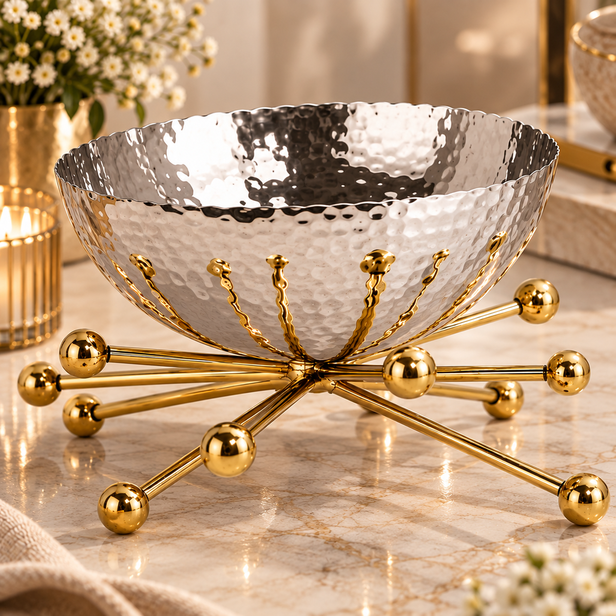 Hammered Silver Bowl with Golden Starburst Stand