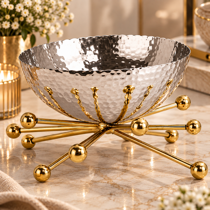 Hammered Silver Bowl with Golden Starburst Stand