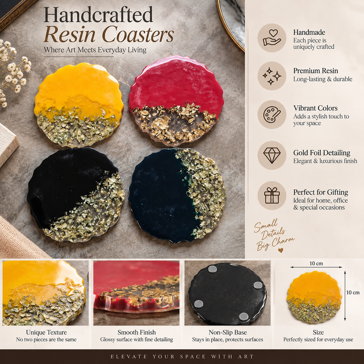 Handcrafted Gold Foil Resin Coasters – Elegant Set of 4