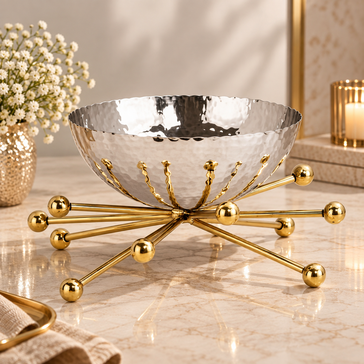 Hammered Silver Bowl with Golden Starburst Stand