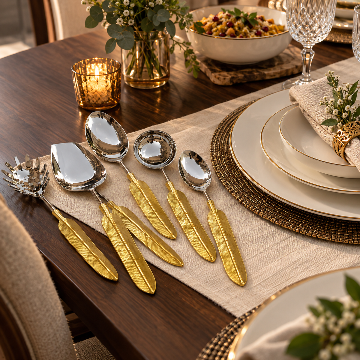 Golden Feather Handle Serving Utensil Set | 6-Piece