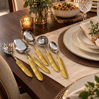 Golden Feather Handle Serving Utensil Set | 6-Piece