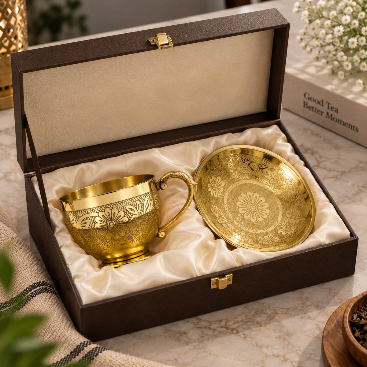 Elegant Gold Floral Engraved Tea Cup & Saucer Set