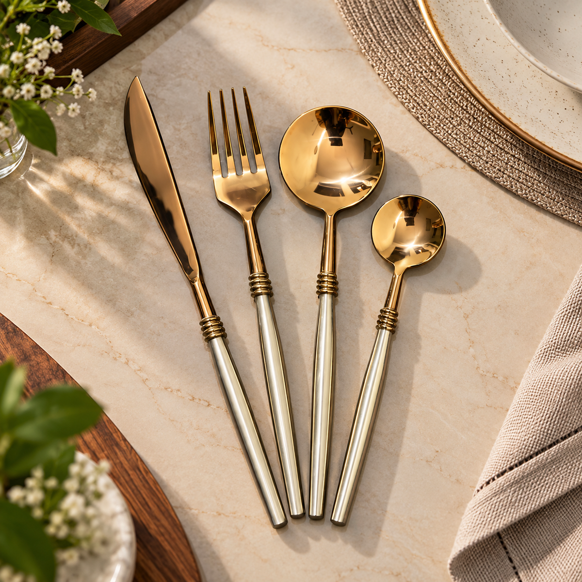Elegant Gold & Silver Cutlery | 4-Piece Dining Set