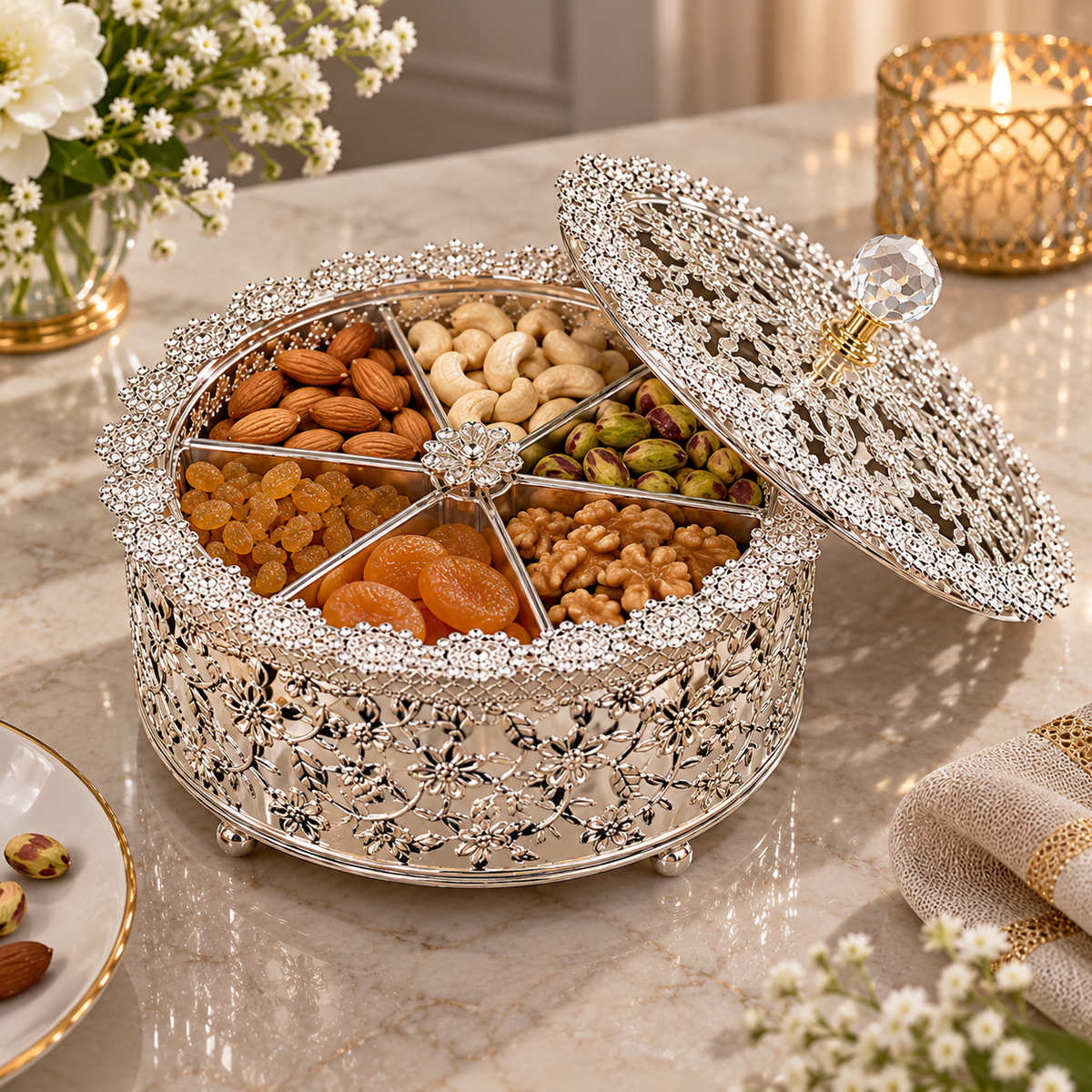 Elegant Silver Floral Dry Fruit Box with Crystal Knob