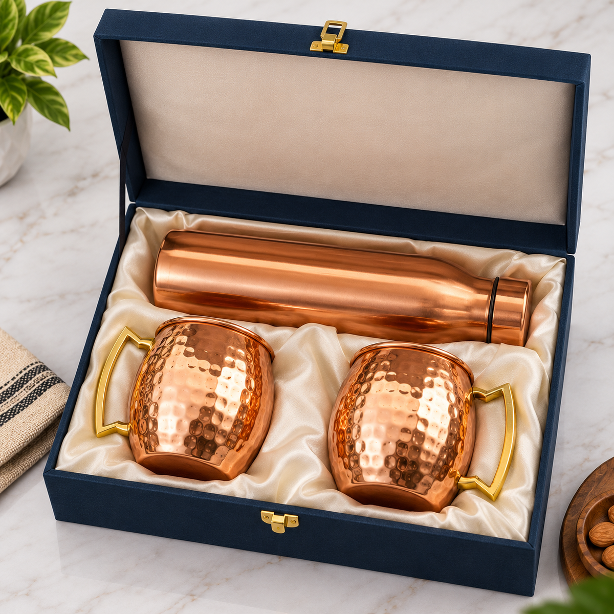 Pure Copper Hammered Bottle & 2 Mugs Gift Set