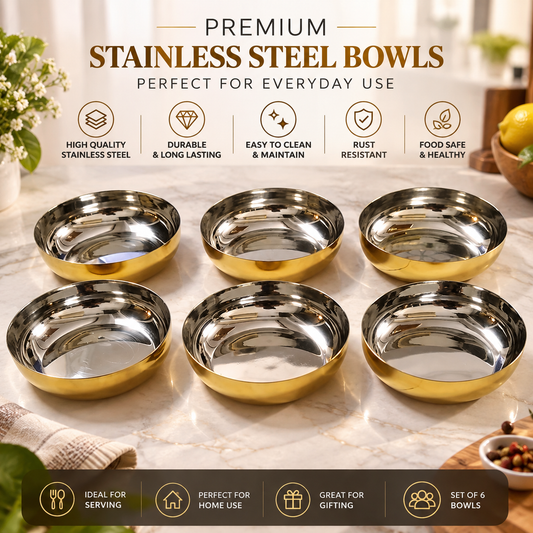 Elegant Gold Stainless Steel Serving Bowls Set of 6
