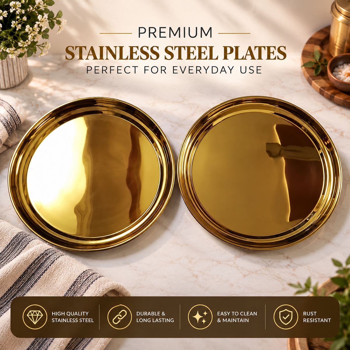 Elegant Gold Stainless Steel Dinner Plates Set of 2