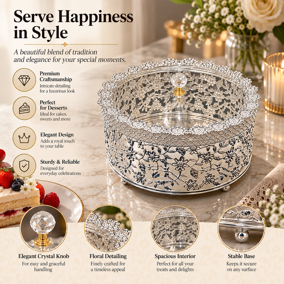 Elegant Silver Floral Dry Fruit Box with Crystal Knob