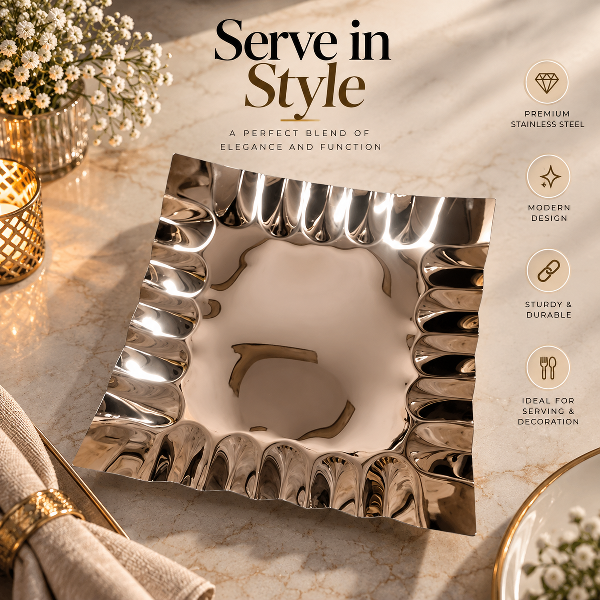 Silver Stainless Steel Wavy Edge Serving Tray