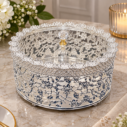 Elegant Silver Floral Dry Fruit Box with Crystal Knob