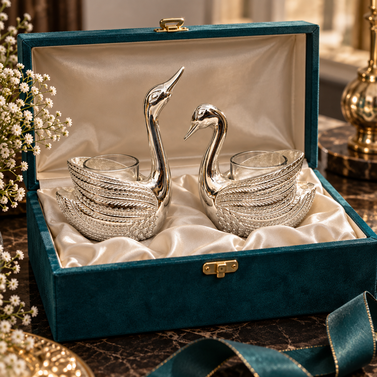 Silver Swan Tealight Candle Holders – Set of 2