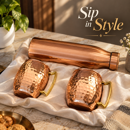 Pure Copper Hammered Bottle & 2 Mugs Gift Set