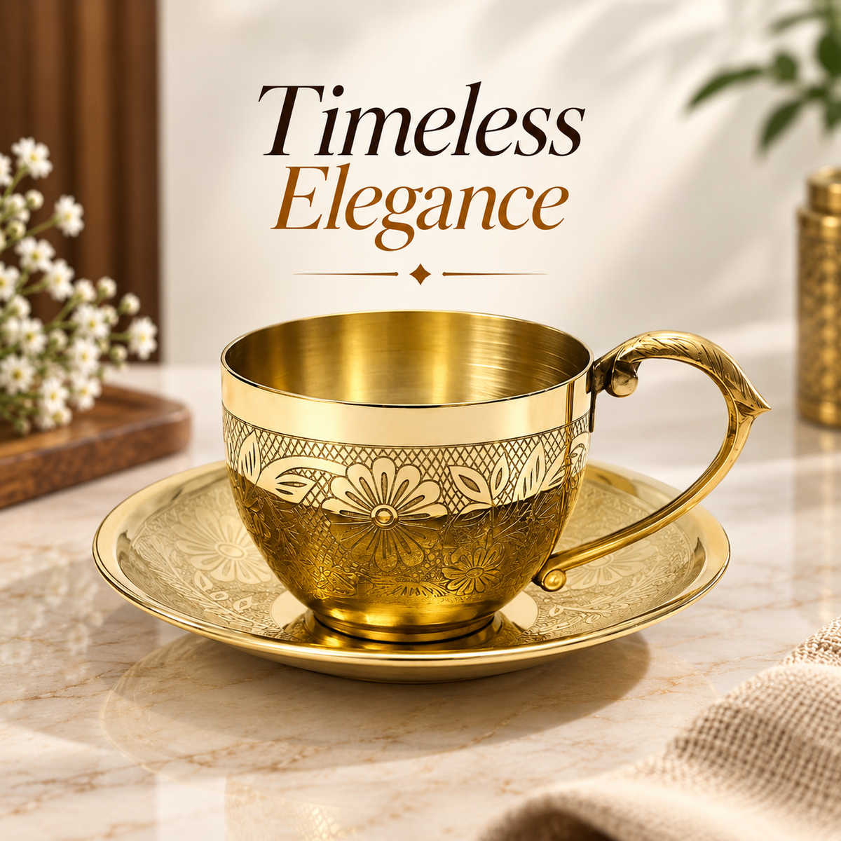 Elegant Gold Floral Engraved Tea Cup & Saucer Set